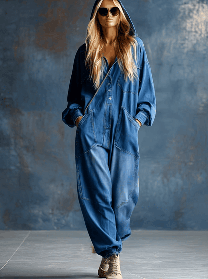 Casual Loose-Fit Hooded Blue Denim Button-Front Long-Sleeved Jumpsuit