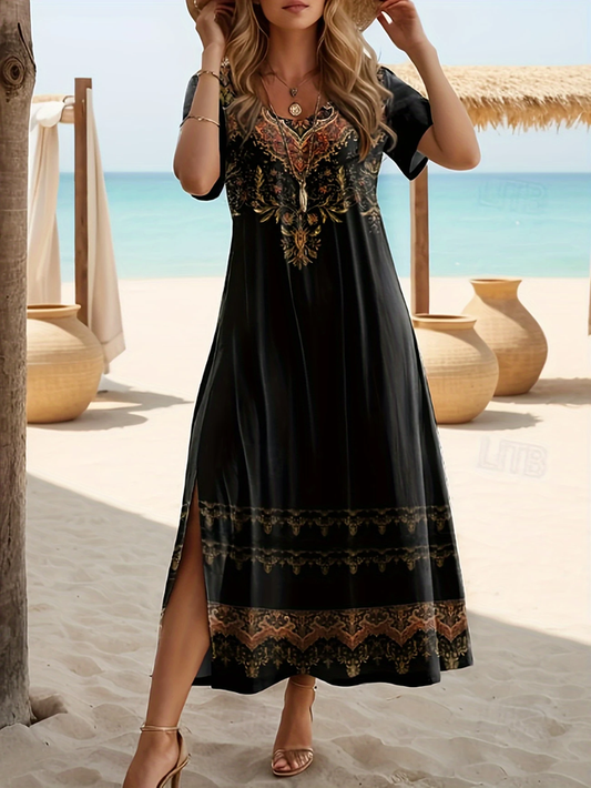 Women Floral Crew Neck Short-Sleeve Comfy Casual Printing Maxi Dress