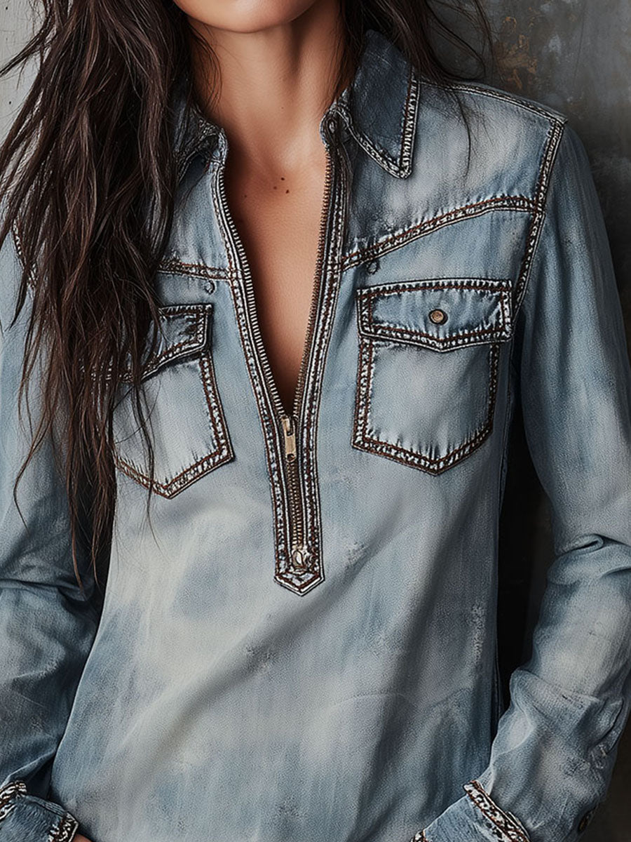 Vintage Western Light Wash Denim Zip-Front Shirt