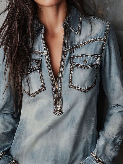 Vintage Western Light Wash Denim Zip-Front Shirt