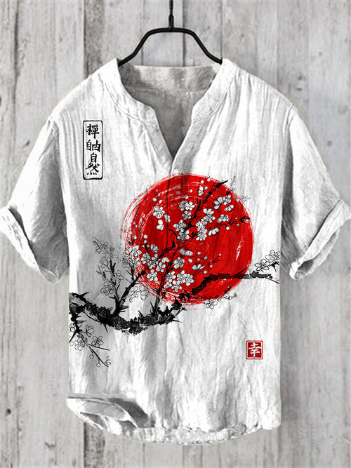 Japanese Ink Painting of Sunrise Art Linen Blend
