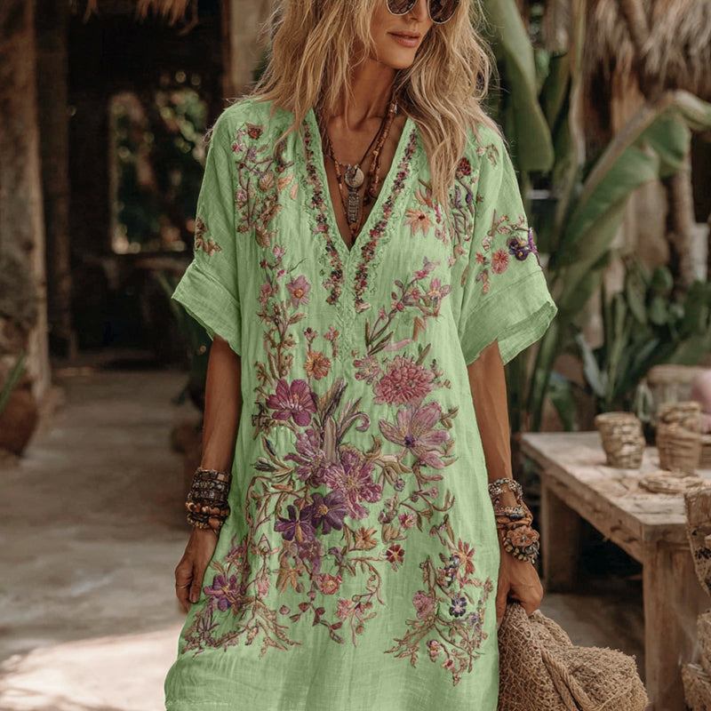 Floral Embroidery Art V-Neck Comfy Midi Dress