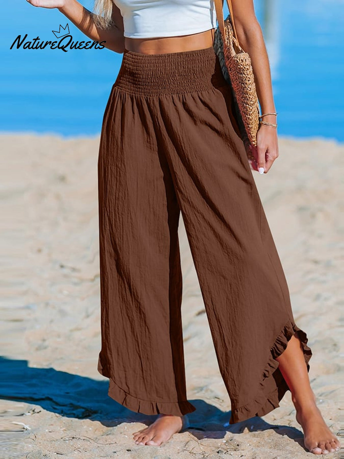 High-Waist Pleated Irregular Hem Cotton and Linen Loose Casual Pants