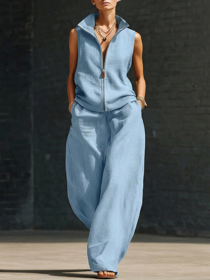 Stylish Stand-Up Collar Zipper Linen Cotton Two-Piece Set