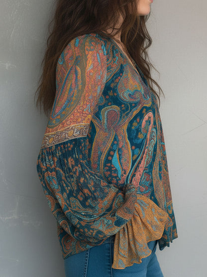 Bohemian Teal and Amber Paisley Chiffon Blouse with Ruffled Cuffs