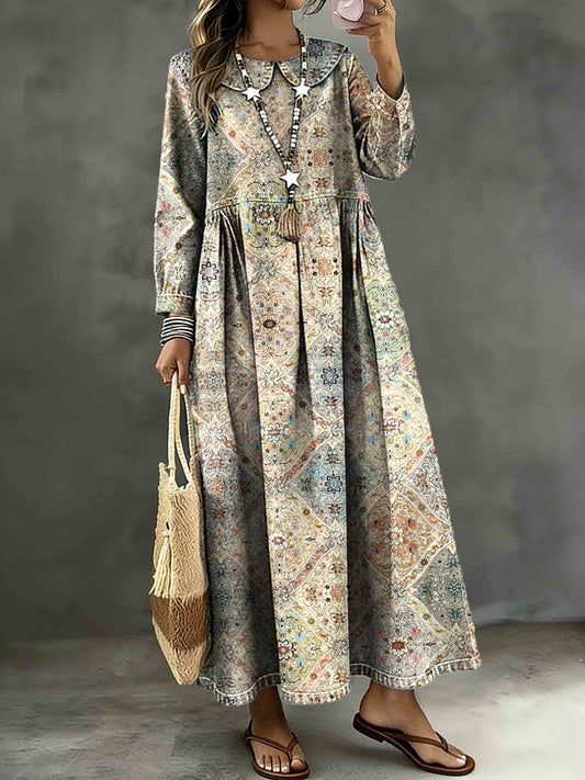 Vintage Ethnic Geometric Patterns Art Print Lapel Collar Pleated Long-Sleeve Casual Loose Denim Dress