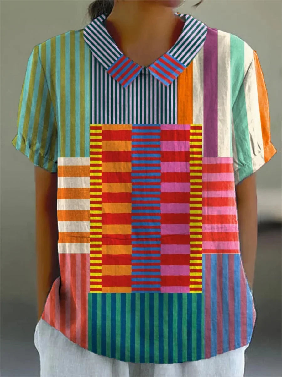 Colorful Patchwork Striped Cotton Linen 3/4-Sleeve Shirt