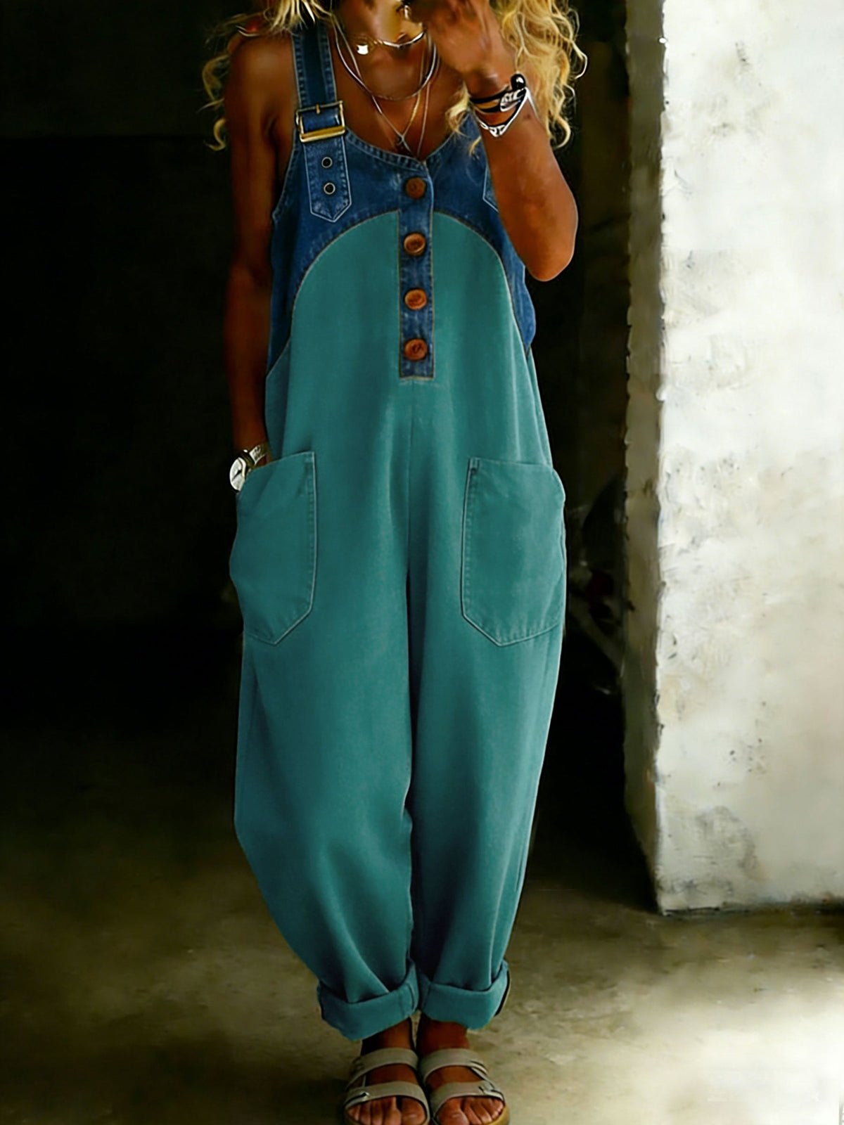 Casual One Piece Denim Denim Patchwork Jumpsuit