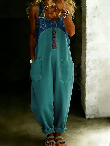 Casual One Piece Denim Denim Patchwork Jumpsuit