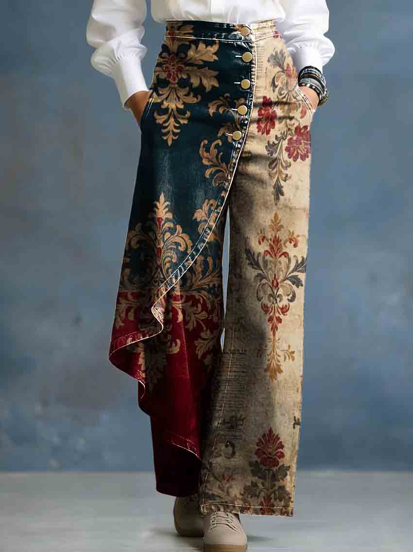 Vintage Ethnic Pattern Patchwork Art Stylish Design High-Waisted Relaxed Fit Wide-Leg Jeans