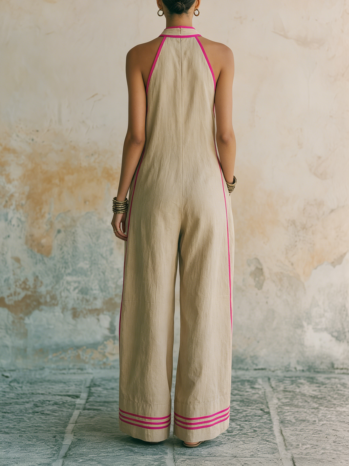 Neon Pink Trim Halter Neck Linen Jumpsuit | Relaxed Fit Wide-Leg Vacation Overall