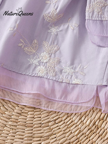 Art Retro Embroidery 3/4-Sleeve Patchwork Shirt