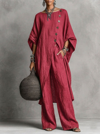 Casual Two-Piece Set: Side-Slit Button-Up Top and Loose-Fit Pants