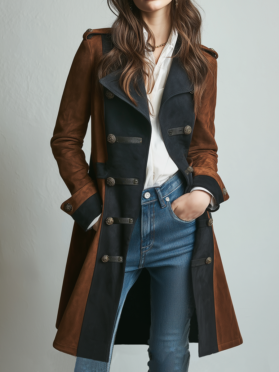 Retro Contrast Color Military Style Eco-Friendly Suede Coat