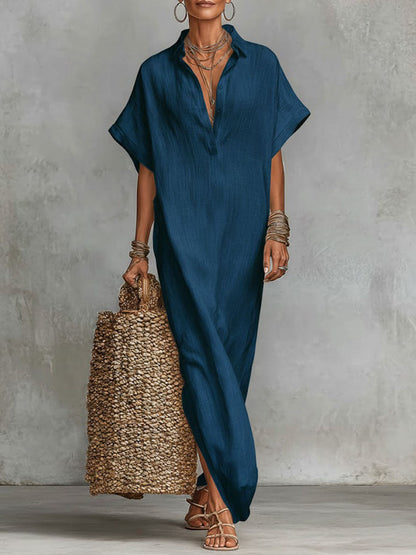 Solid Color Collared Short-Sleeved Casual Loose Linen Dress