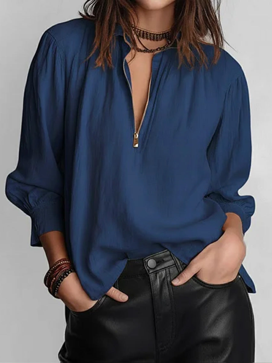 Solid Color Lapel Long-Sleeved Casual Loose Cotton and Linen Top