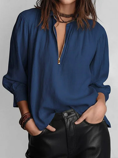 Solid Color Lapel Long-Sleeved Casual Loose Cotton and Linen Top