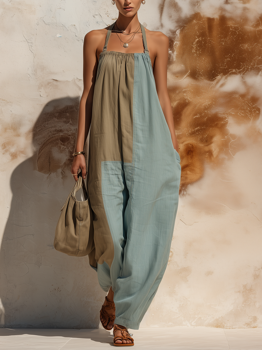 Colorblock Patchwork Halter Neck Wide-Leg Jumpsuit