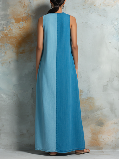Two-Tone Washed Denim Sleeveless Maxi Dress with Side Slit