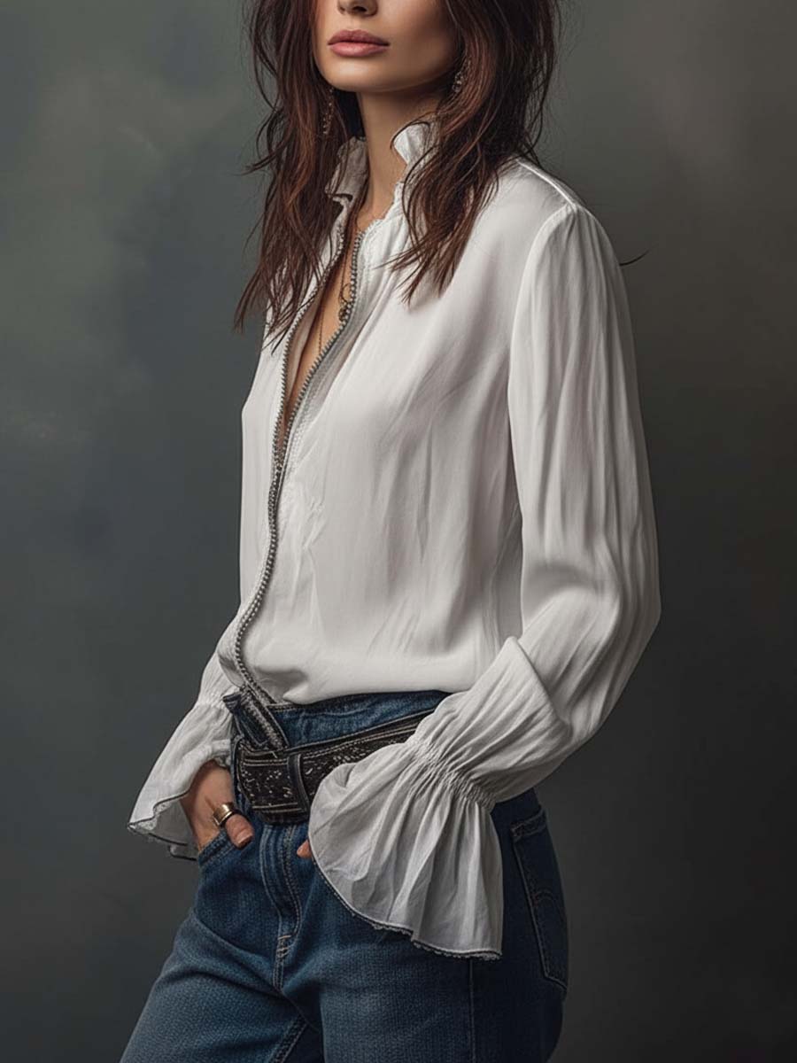 White Zip-Front Blouse with Flounce Cuffs