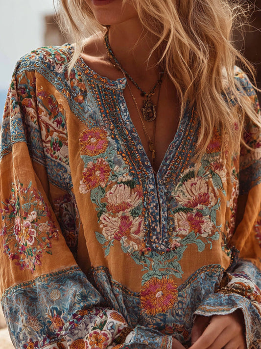Bohemian Style Embroidered Flower Long-Sleeved V-Neck Bright Yellow Distressed Long-Sleeved Top