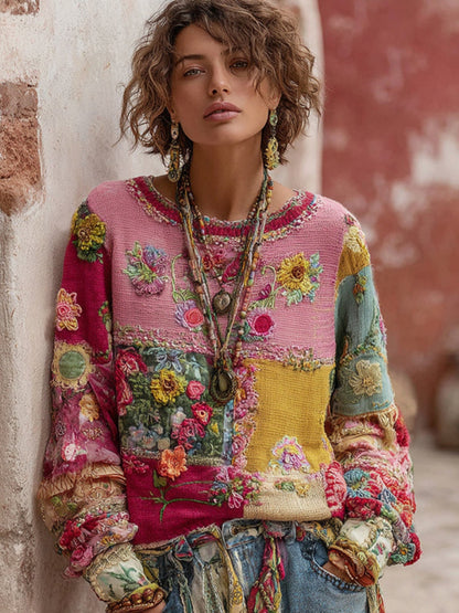 Floral Embroidery Patchwork Art Pullover Cozy Knit Sweater
