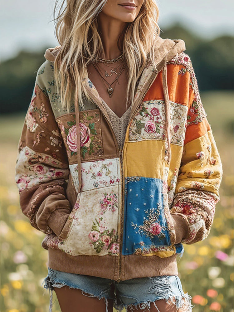 Vintage Floral Patchwork Cozy Warm Zipper Hoodie