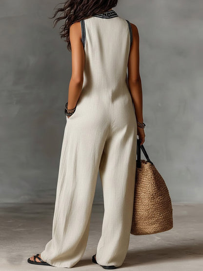 V-Neck Sleeveless Casual Loose Cotton and Linen Jumpsuit