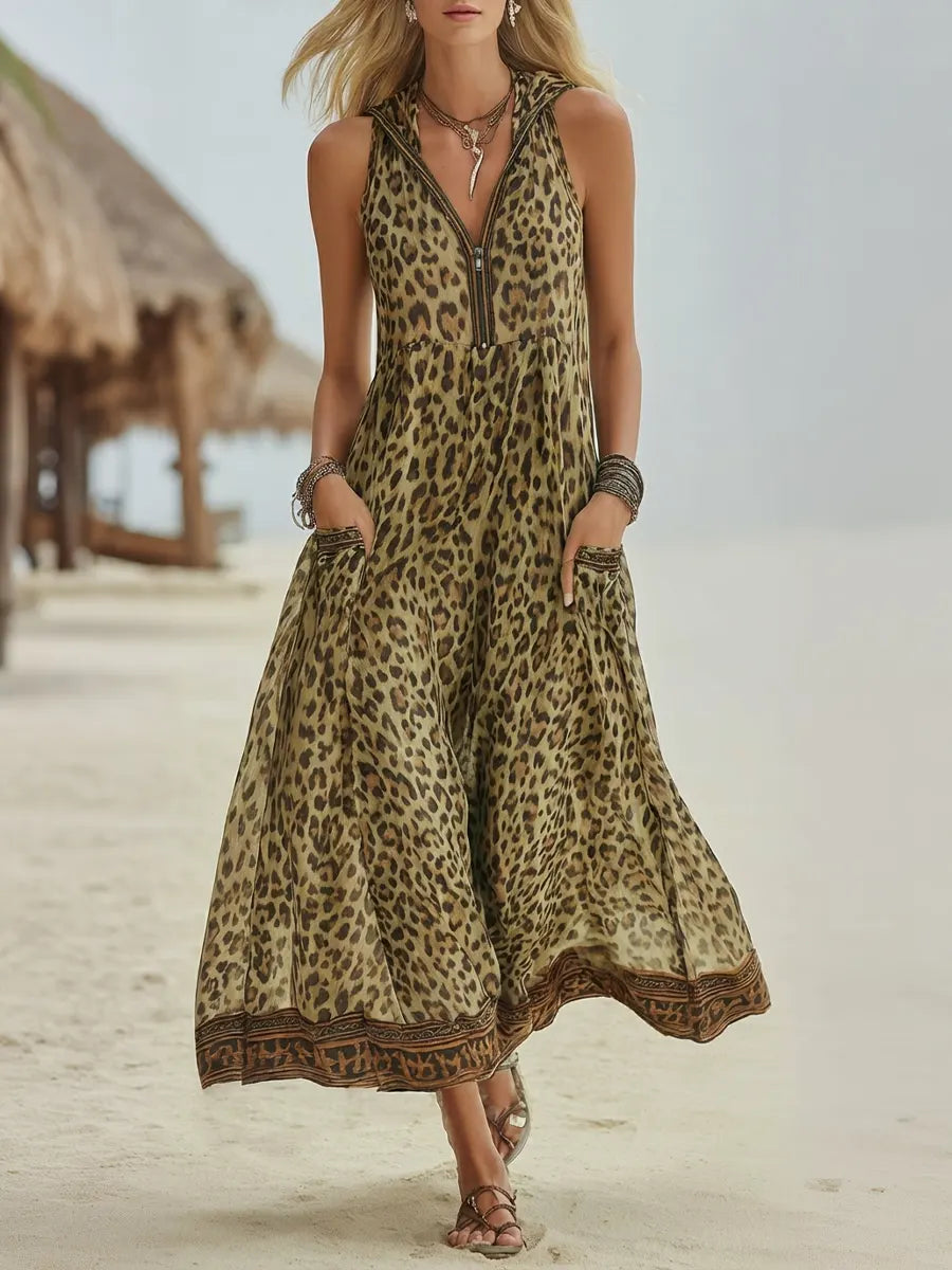 Retro Casual Green Leopard Print Art Hooded Midi Dress