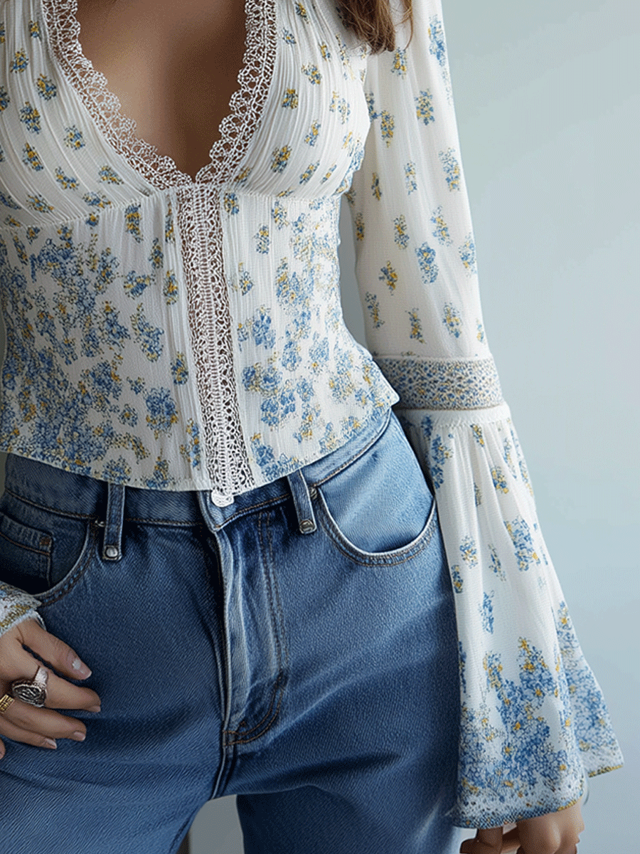 Boho Blue Floral Lace-Trim Blouse