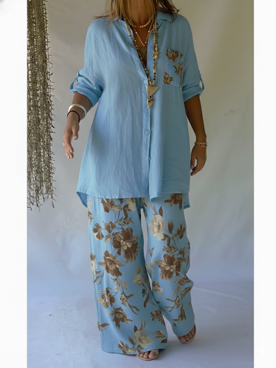 Casual Floral Print Linen and Cotton Shirt and Trousers Two-Piece Set