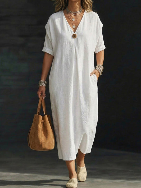 Linen V-Neck Single-Button Short-Sleeve Dress
