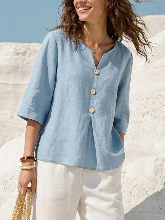 Solid Color V-Neck 3/4-Sleeve Casual Loose Cotton Linen Top