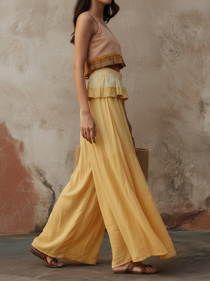 Yellow High Waist Ruffle Trim Wide-Leg Pants