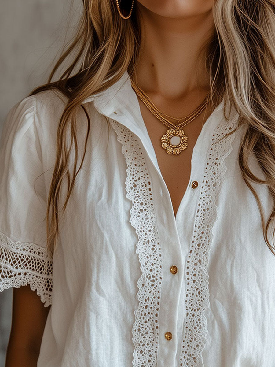 Vintage-Inspired Lace Trim White Blouse