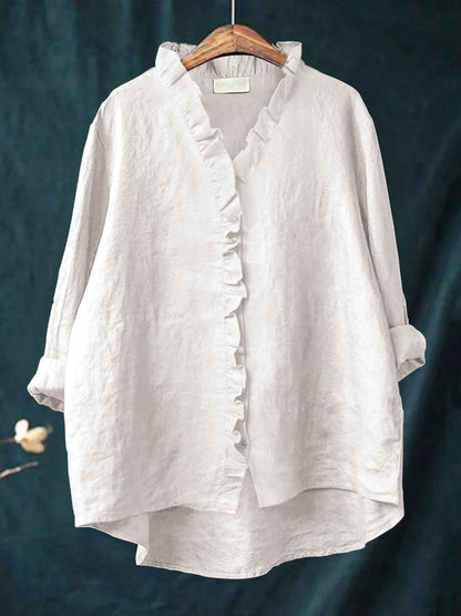 Casual Cotton and Linen Ruffle Shirt
