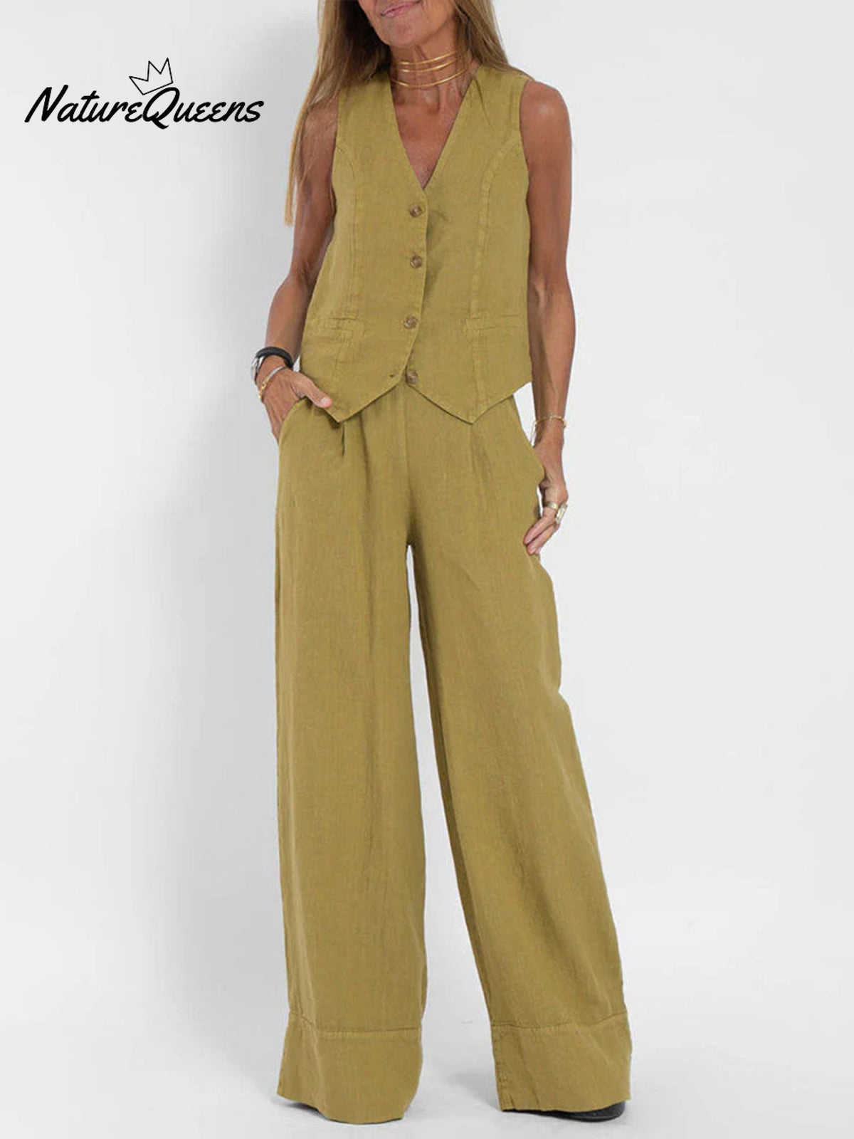 Fashion Solid Color Vest Trousers Collage Stitching Cotton and Linen Casual Suit