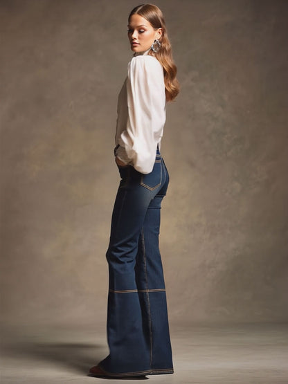 Retro Brown Double-Stitched Navy Jeans