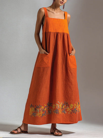 Casual Loose-Fit Sleeveless Cotton-Linen Dress with Square Neck and Contrast Trim