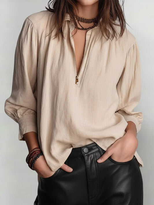 Solid Color Lapel Long-Sleeved Casual Loose Cotton and Linen Top