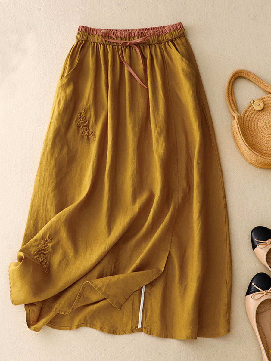 Artistic Embroidery Elastic Waist Colorblock A-Line Loose Linen Skirt