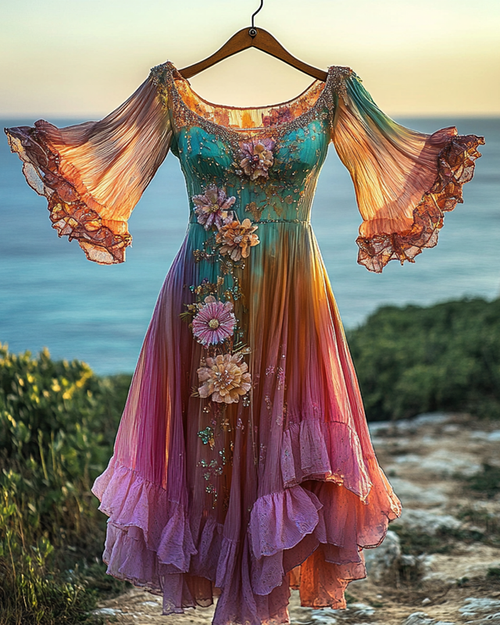 Summer Vacation Floral Embroidery Sequins Beaded Ruffle Dress D77d