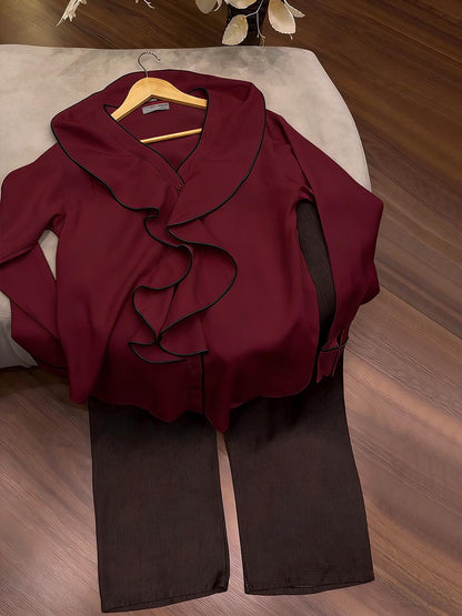 V-Neck Long-Sleeve Loose-Fit Top and Elastic-Waist Wide-Leg Pants Set
