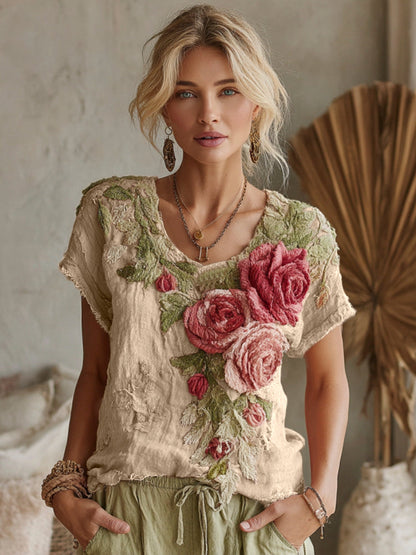 Vintage Floral Art Linen Crew Neck Short-Sleeve T-Shirt