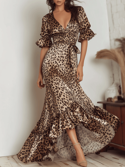 Elegance Leopard Satin Ruffle Maxi Dress