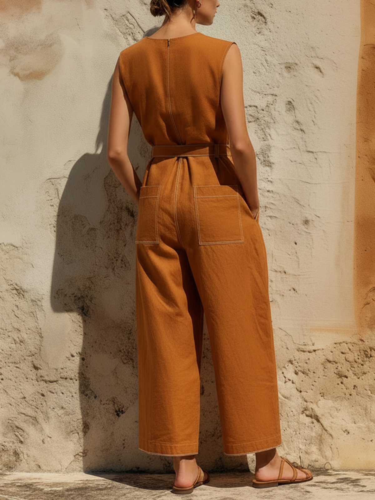 Rust Orange Washed Cotton Sleeveless Belted Wide-Leg Jumpsuit