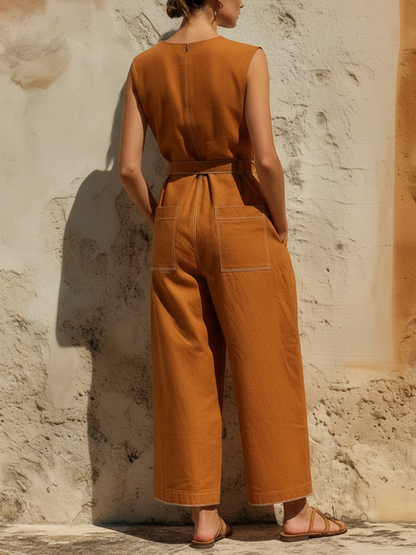 Rust Orange Washed Cotton Sleeveless Belted Wide-Leg Jumpsuit