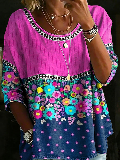 Flower Multicolor Casual Loose Denim Blouse Shirt