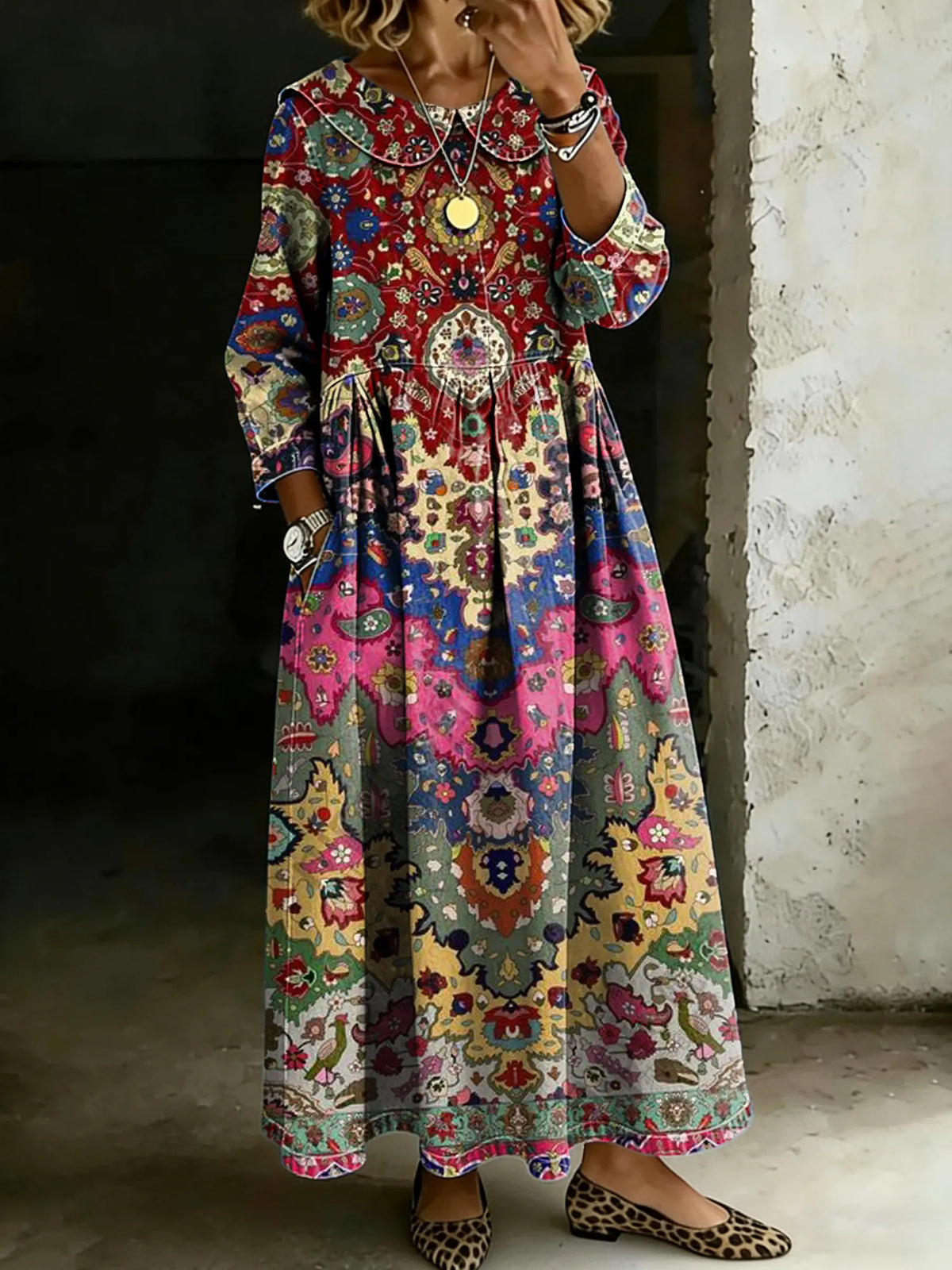 Retro Multicolor Ethnic Floral Art Splicing Long-Sleeved Loose-Fitting Casual Denim Dress