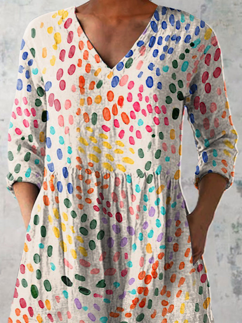Watercolor Polka Dot Pattern Printed Casual Linen V-Neck Shirt